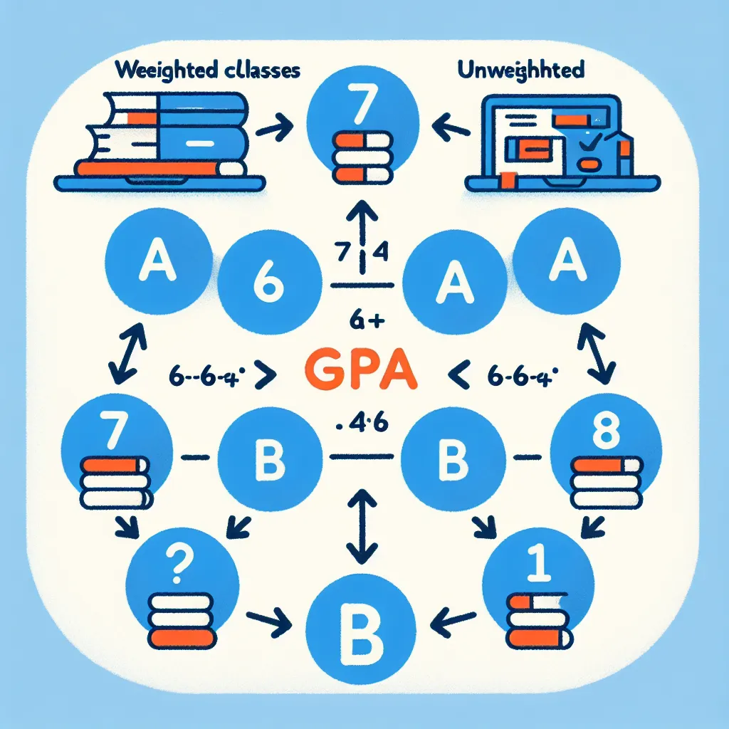 Infographic showing a GPA calculation with 7 A's and 1 B, highlighting weighted and unweighted classes.