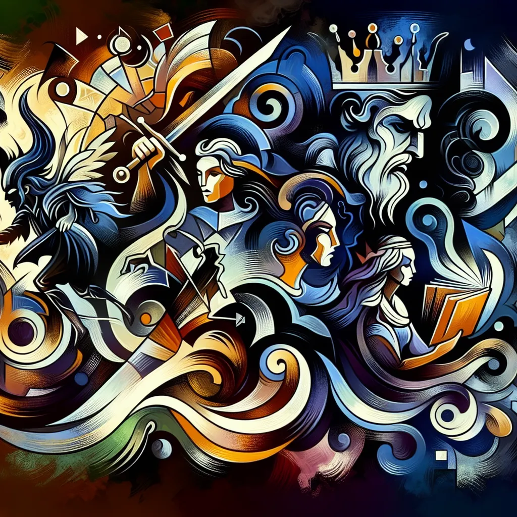 Cuento, Kilian, Henry, Regina, Maldición in an abstract style