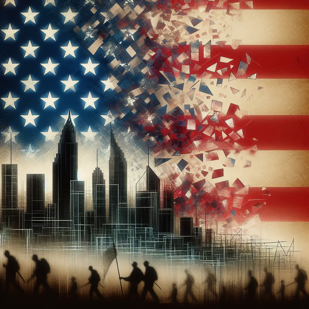 For an article discussing the themes of moral decay and social cohesion in *The Great Gatsby* and their connection to contemporary issues, you could use the following image description:

Illustration of a broken American flag juxtaposed with modern cityscapes, symbolizing political polarization and the decline of civic institutions. The background features shadowy figures representing societal discord.