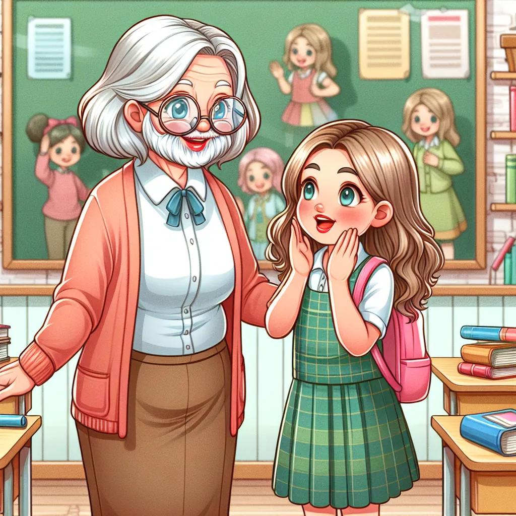 Ilustración de una profesora mayor y su alumna joven, ambos sorprendidos al verse en el espejo con los cuerpos intercambiados, en un aula llena de libros y pupitres.