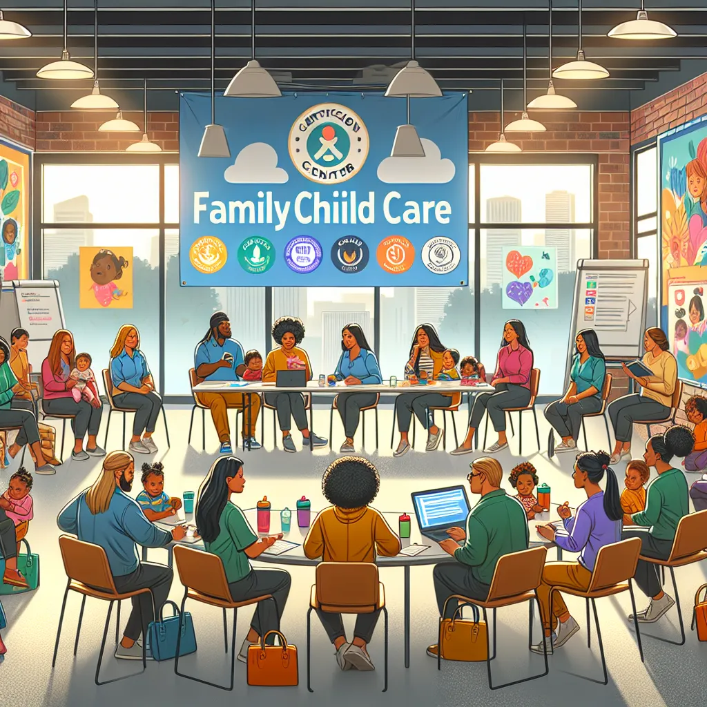 Illustration of a family child care center with a diverse group of caregivers participating in a training session, featuring certification banners on the wall.