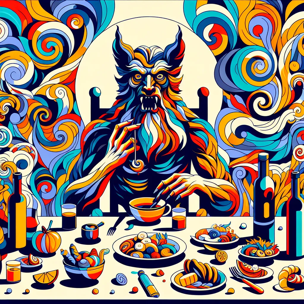 Papá, Hombre lobo, Comida, Eructos, Bebidas in an abstract style