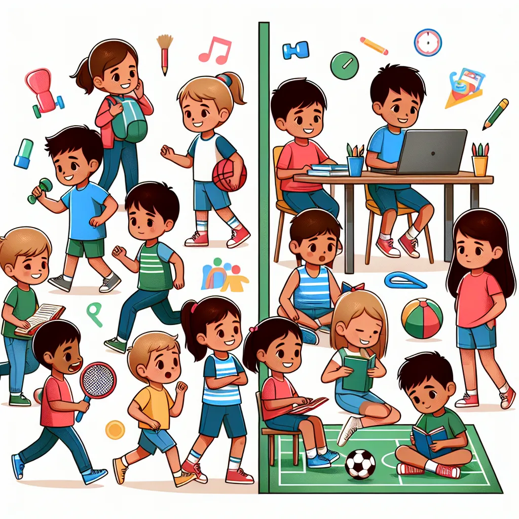 Illustration depicting children engaged in various activities, showcasing the impact of inadequate nutrition on their social interactions, academic performance, and physical growth.