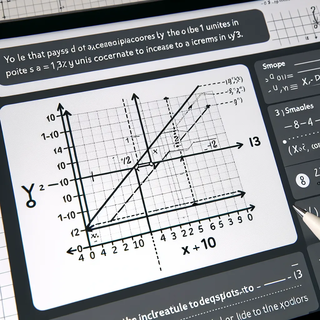 The line given by the equation \( y - 8 = \frac{1}{3}(x + 10) \) represents a linear equation in point-slope form, where the slope is \( \frac{1}{3} \) and the line passes through the point \((-10, 8)\). The point of the line is to define a relationship between the \(x\) and \(y\) coordinates of points that lie on that line. This line can be rewritten in slope-intercept form \( y = \frac{1}{3}x + \frac{38}{3} \), illustrating that as \(x\) increases, \(y\) increases at a rate of \( \frac{1}{3} \