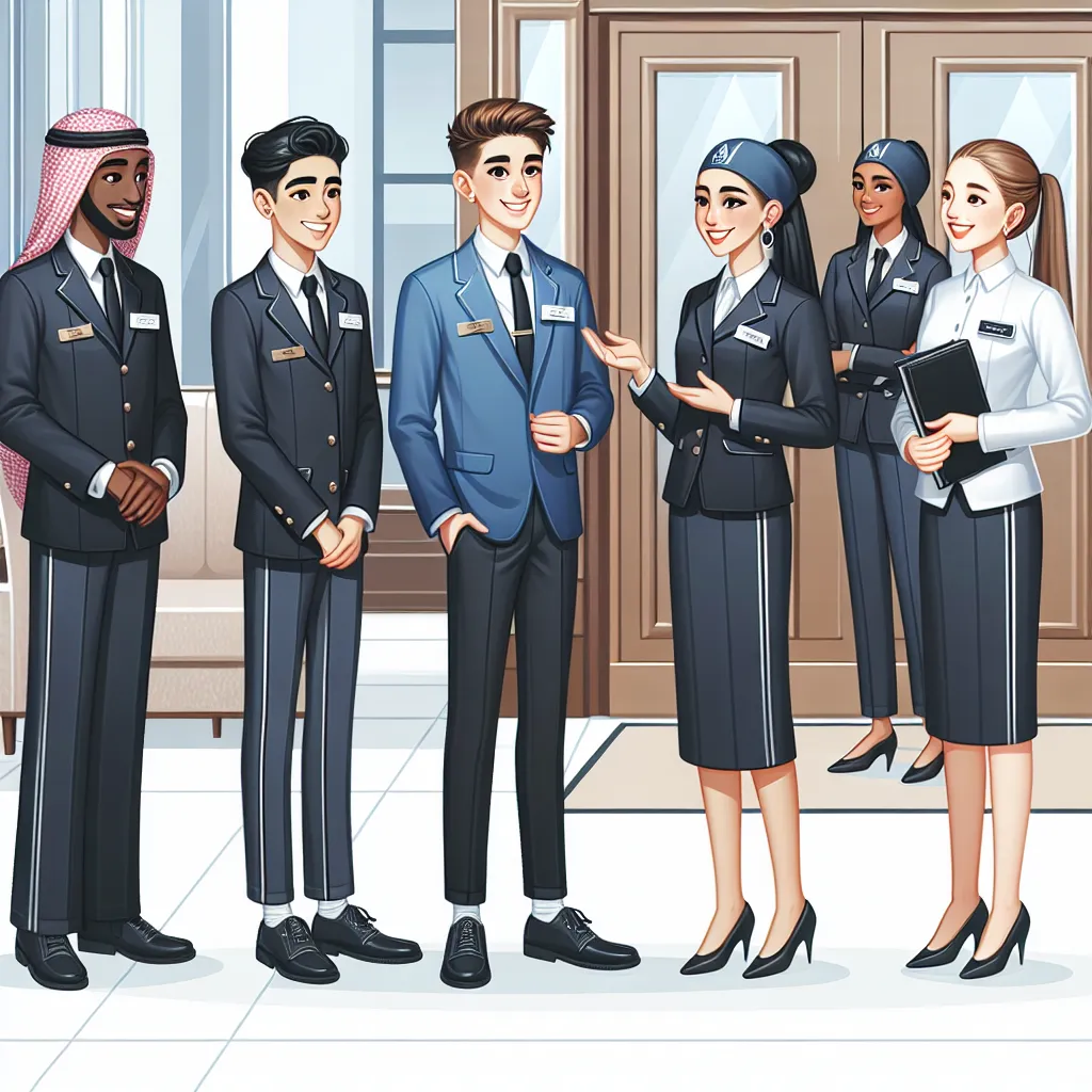 Illustration of two young men dressed in corporate branded blouses and skirts, complete with stockings and high heels, working as a doorman and concierge at a hotel lobby, eliciting smiles from female colleagues.