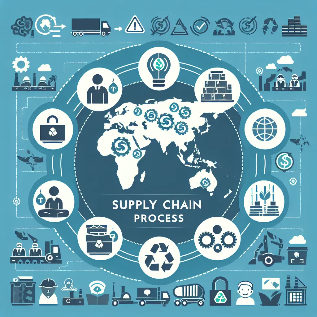 Infographic highlighting the supply chain of a business, featuring a map showing manufacturing locations, icons representing safe and ethical working conditions, and symbols for sustainable practices like recycling and energy efficiency.