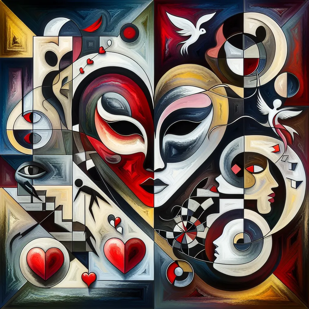 Aurelio, Venganza, Amor, Engaño, Pasión in an abstract style