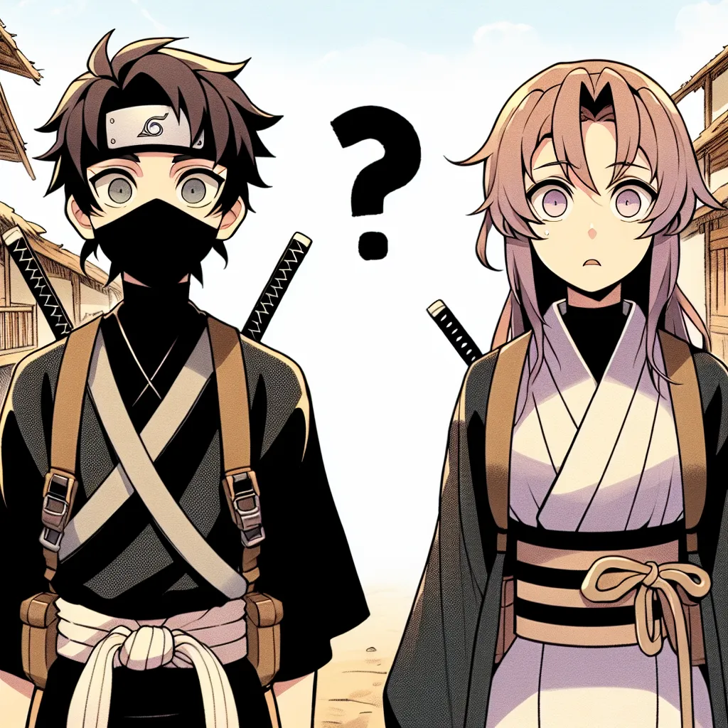 Ilustrasi anime yang menampilkan Sasuke mengenakan pakaian ninja Hinata dan Hinata dalam kostum ninja Sasuke, keduanya berdiri di latar belakang desa Konoha dengan ekspresi wajah yang penuh kebingungan dan keingintahuan.