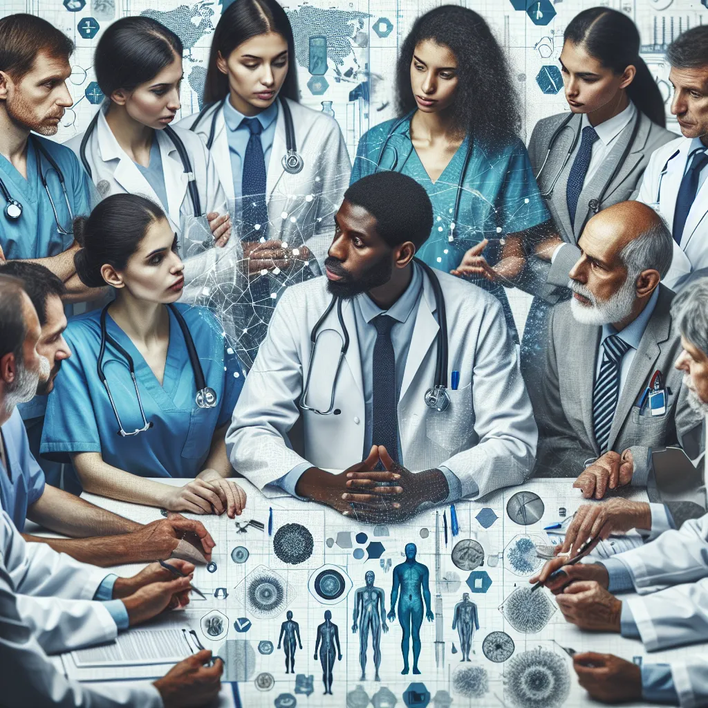 A thoughtful illustration depicting a group of diverse healthcare professionals discussing a treatment plan, with medical tools and charts in the background.