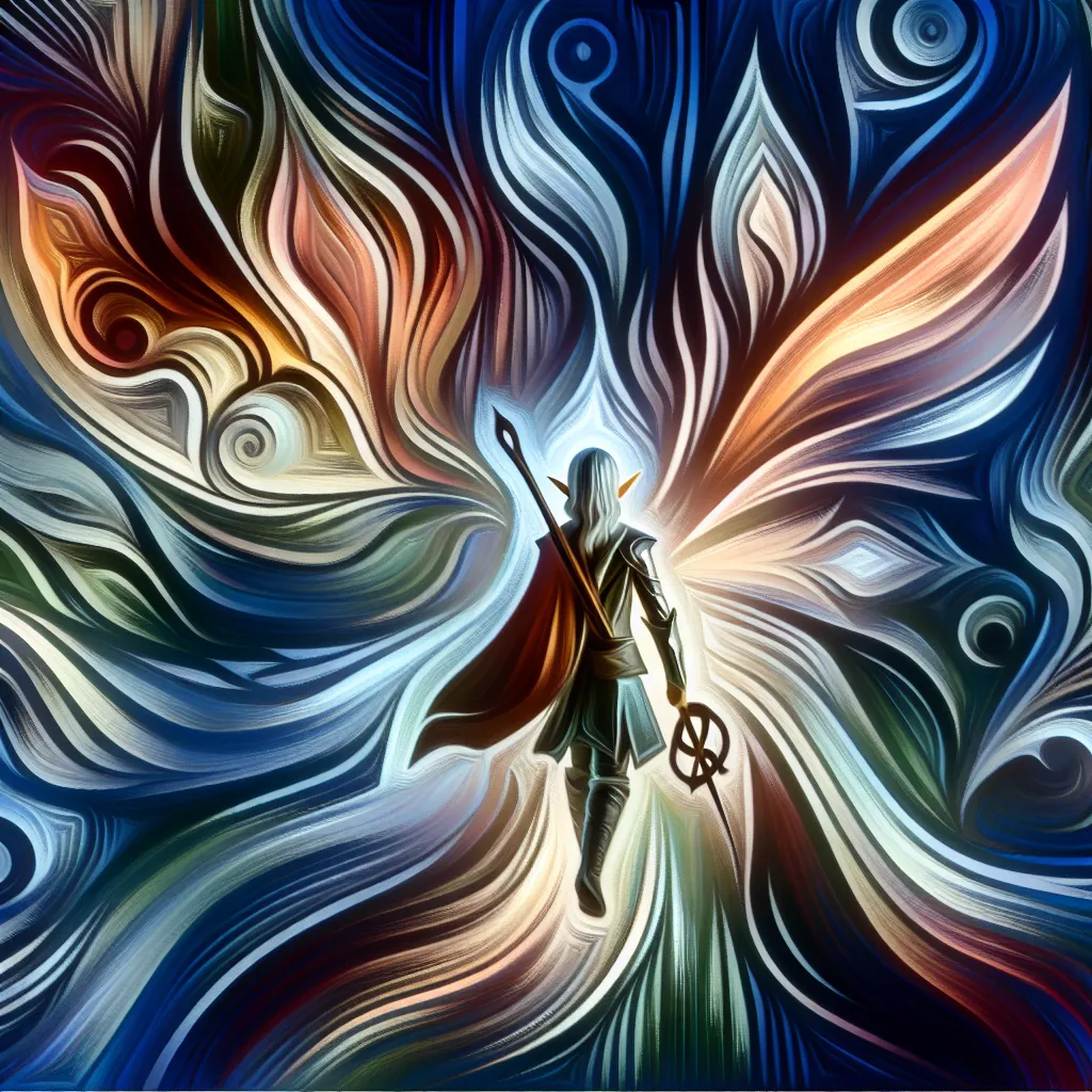 Fantasy, Transformation, Elven, Adventure, Identity in an abstract style
