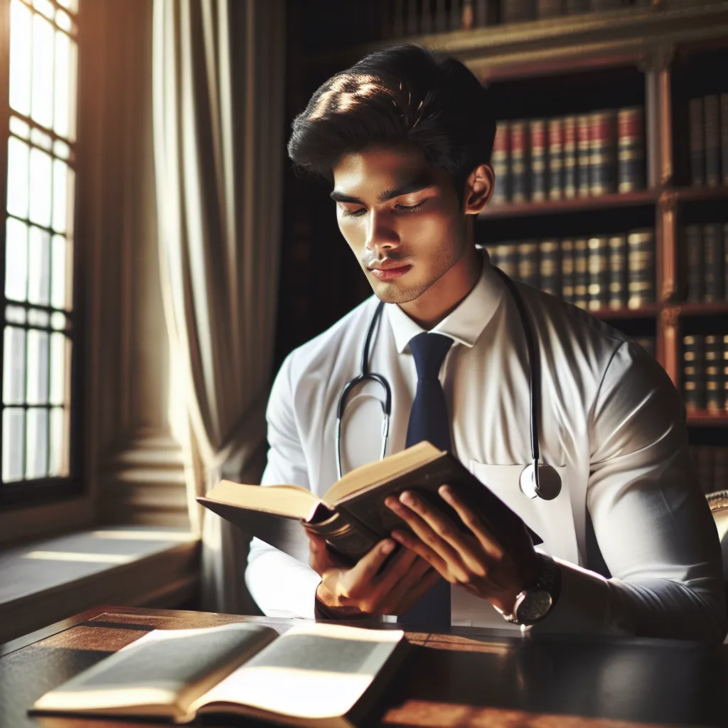 Imagen de un joven estudiando medicina en una biblioteca elegante, mirando pensativo un libro abierto mientras la luz de la ventana ilumina suavemente la habitación. 