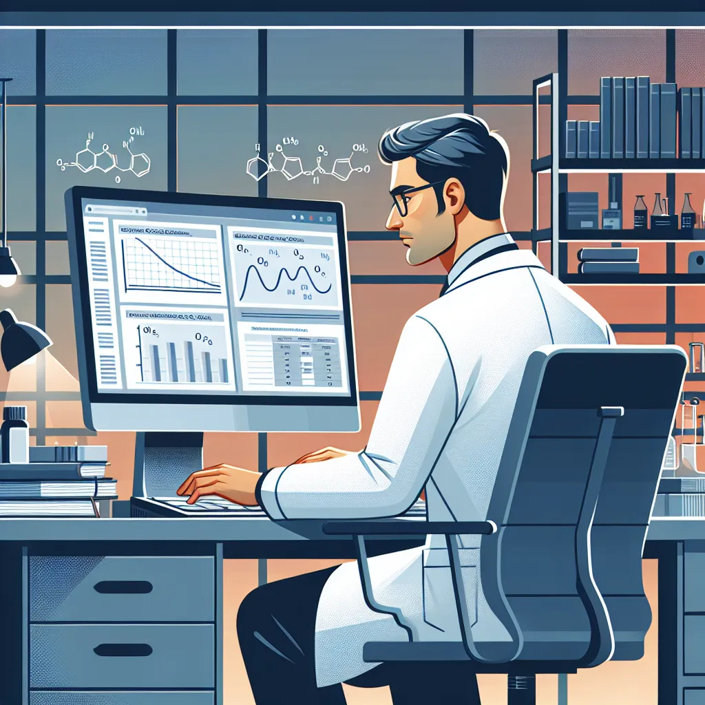 Illustration of a scientist working on a computer with graphs and data, depicting the calculation of force constants for C=O bonds in carbon monoxide.