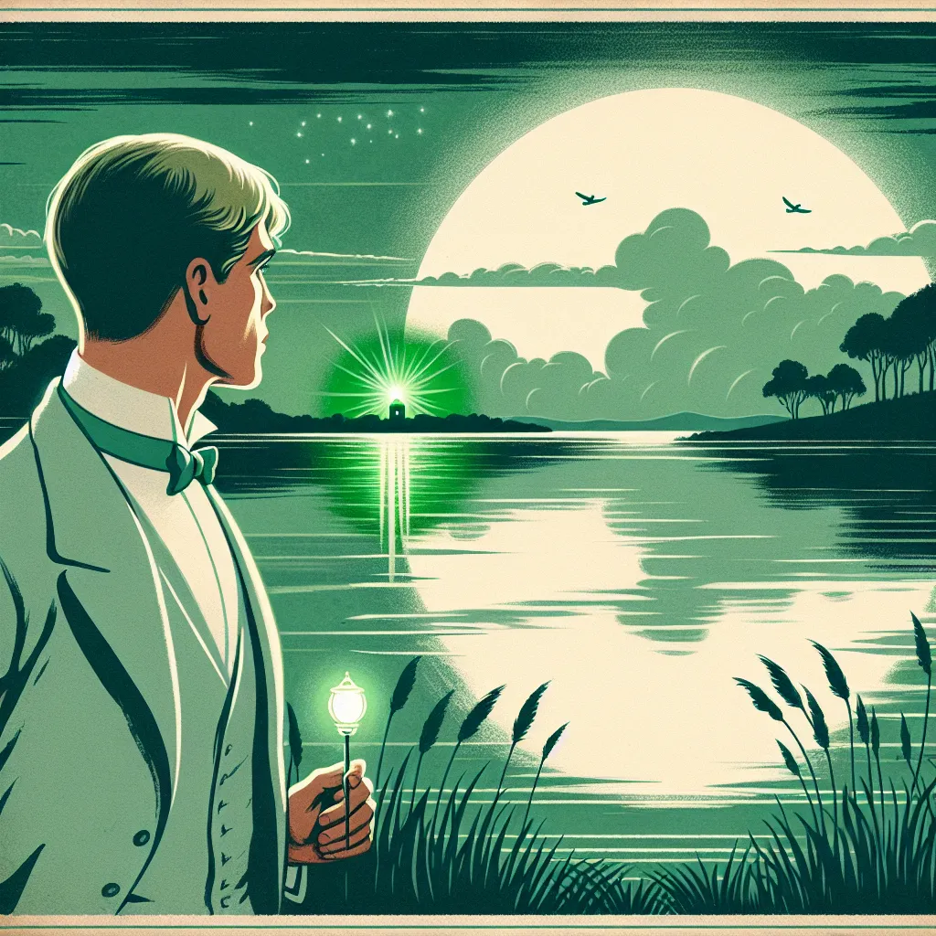 Illustration of a dreamy, vintage 1920s setting with a heartbroken man looking at a distant green light across a lake, symbolizing longing and lost love.