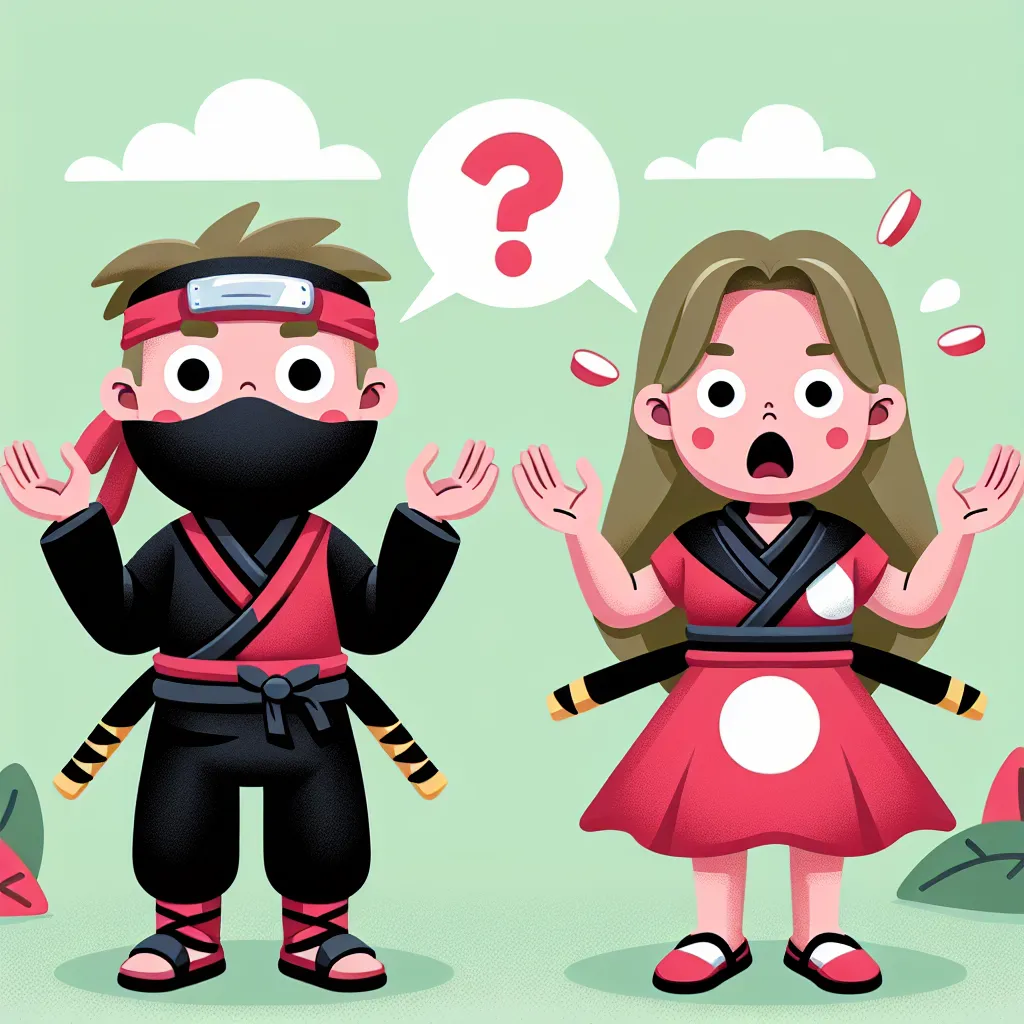 Illustration of Kakashi and Sakura, both surprised, standing in a whimsical setting with their bodies swapped, showcasing their distinct ninja outfits and expressions.