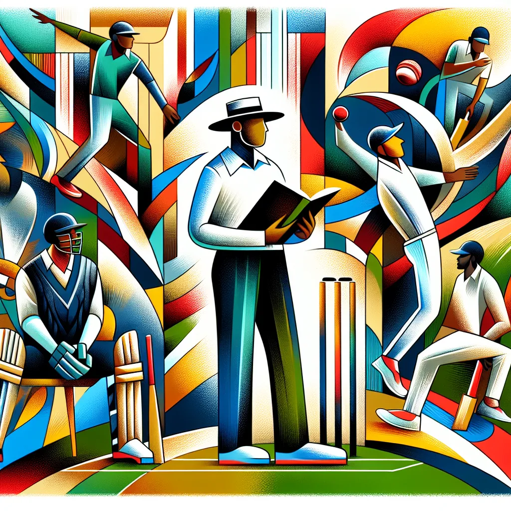 Cricket, Umpire, Rules, True/False, Team in an abstract style