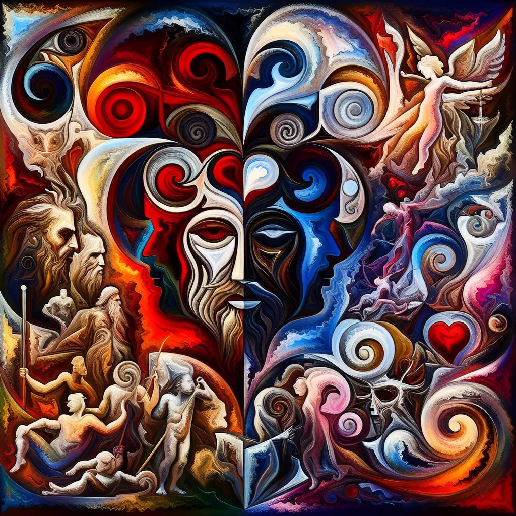 Roman, Cristian, Amor, Conflicto, Oscuro in an abstract style