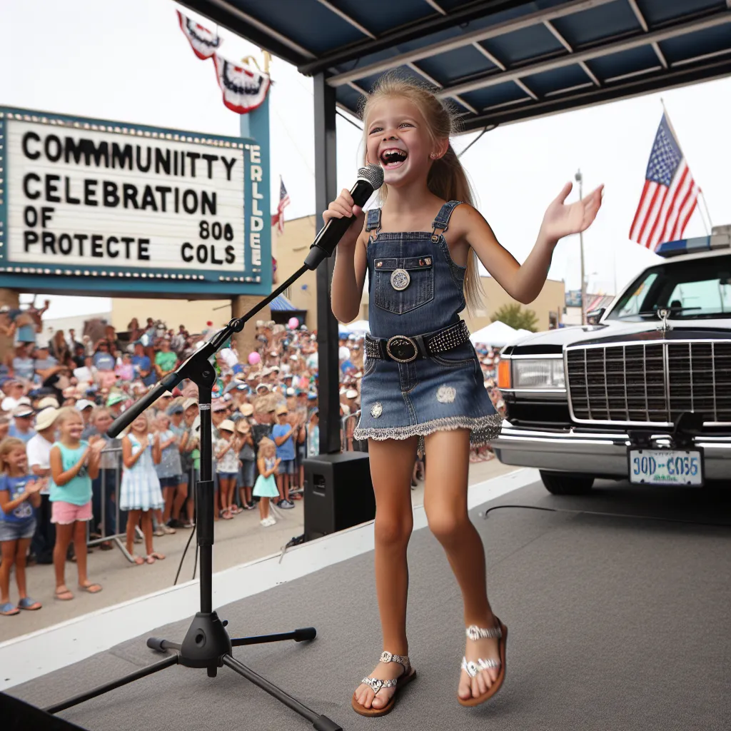 At the Crown Victoria Celebration Parade, a young girl steps onto the stage, her expression filled with enthusiasm. She beams at the crowd and says, "I love the police, and this car will always hold a special place in our hearts! The Crown Victoria represents bravery and protection. It may not be in production anymore, but it will never be forgotten! Let’s honor our memories with it together!" 

As she finishes, the crowd cheers, and soon after, more girls join her on stage, singing the catchy s