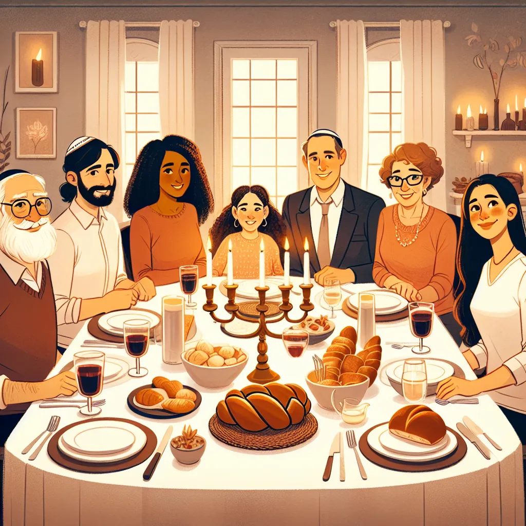 Illustration of a family gathered around a table for Shabbat dinner, with candles and traditional foods.