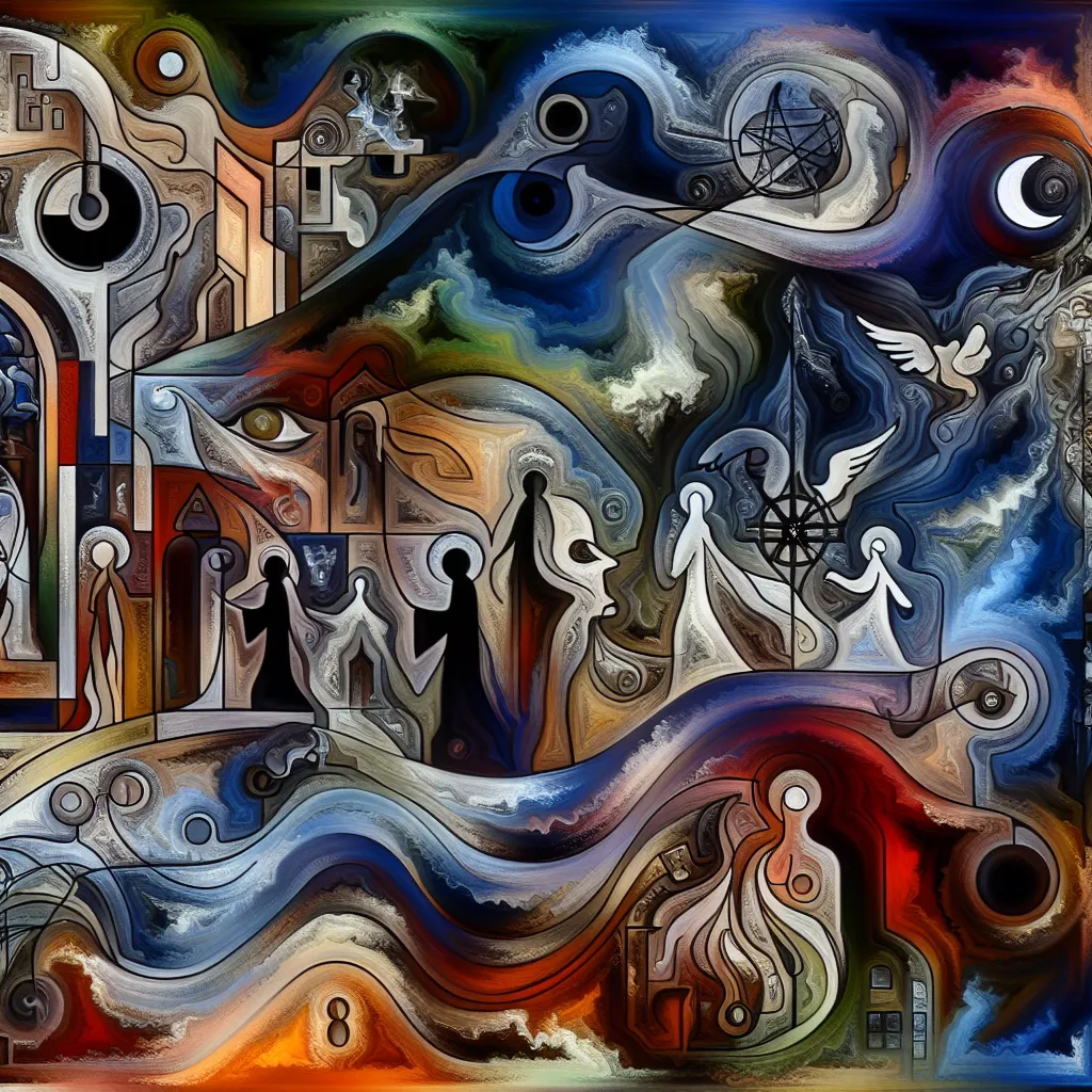 Mago, Orfanato, Sacrificio, Fantasma, Resurrección in an abstract style