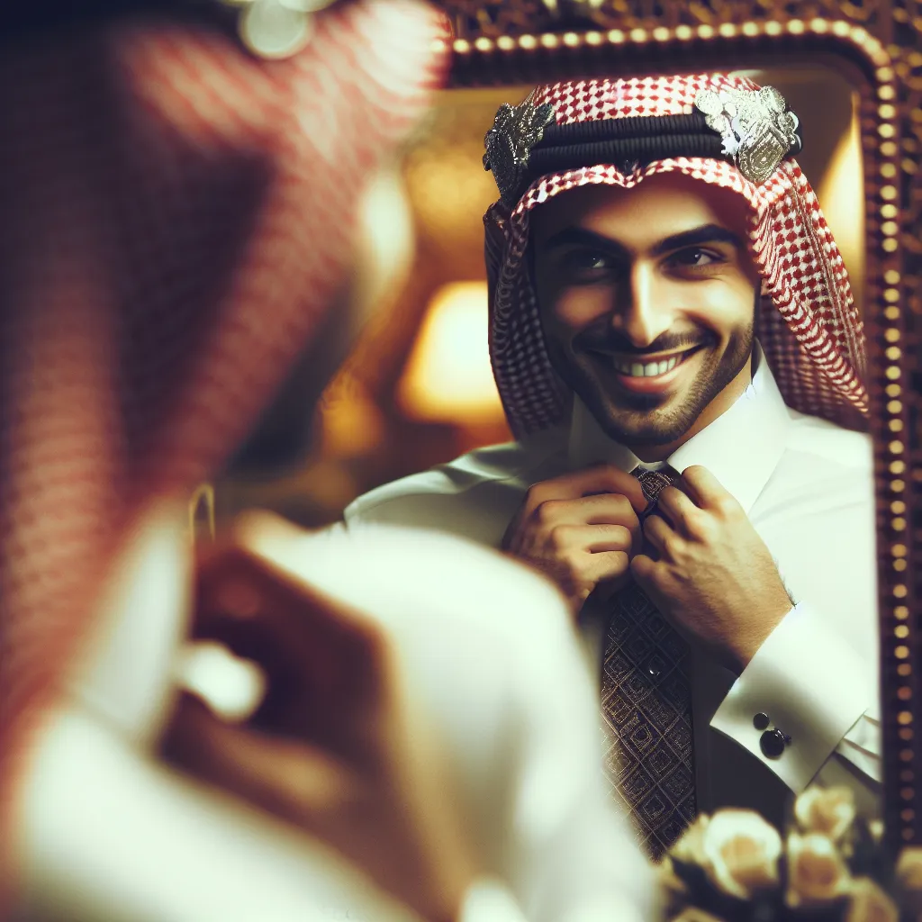 Imagen fotográfica de una escena de boda, mostrando a un hombre vestido de novio reflejado en un espejo, sonriendo maliciosamente mientras ajusta su corbata.