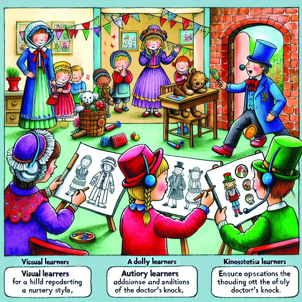 Step 1: Recognize the three distinct learning styles  
Educators should be aware of three primary learning styles: (1) Visual learners, who absorb information most effectively through images, diagrams, and videos; (2) Auditory learners, who prefer learning through sounds, music, and spoken instructions; and (3) Kinesthetic learners, who excel through hands-on activities, movement, and tactile experiences.  

Step 2: Category of children's literature  
This piece of children's literature fits wit