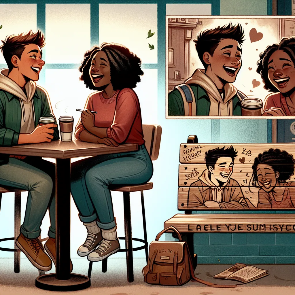 Illustration of two young adults, a man and a woman, sitting at a café, laughing together over a cup of coffee. They are depicted reminiscing about their past, with a flashback panel showing them as teenagers accidentally bumping heads at school. The scene shifts to a present moment where they visit a nostalgic bench with carved initials. The emotional image captures a deep, enduring friendship.