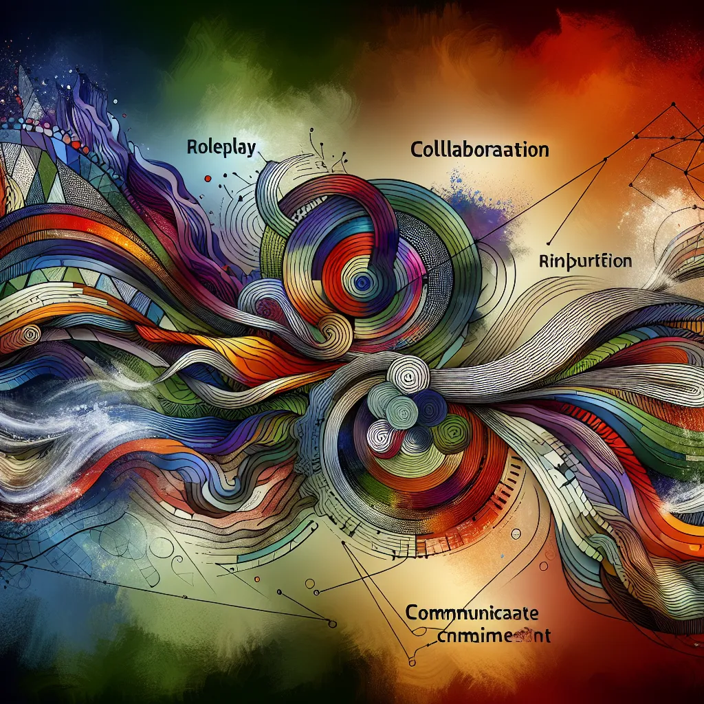 Roleplay, Creative, Collaboration, Communicate, Commitment in an abstract style