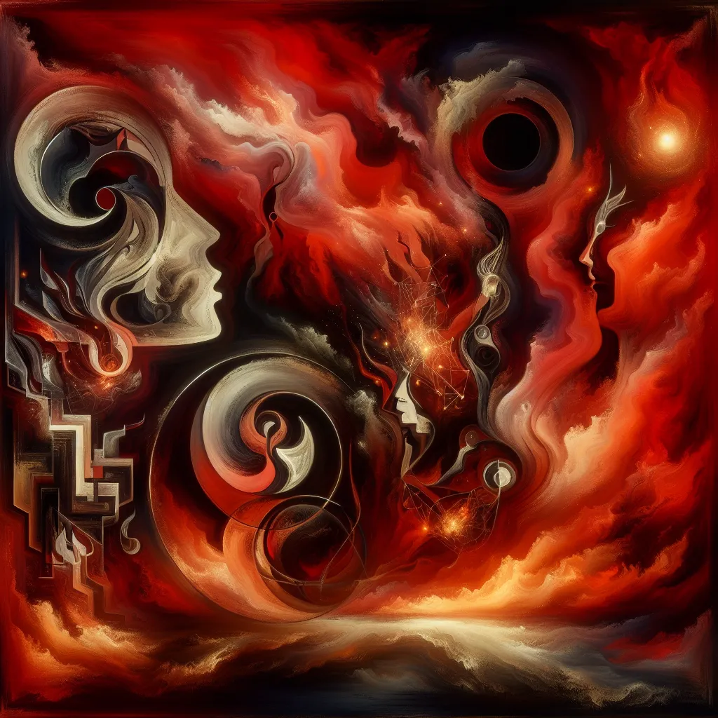 Transformation, Moxxie, Crimson, Identity, Hell in an abstract style