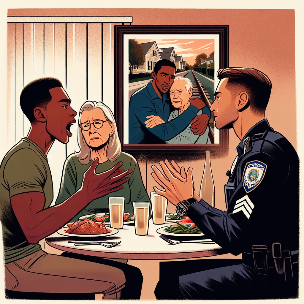 Illustration of a young man passionately speaking to his parents at a dinner table, with a framed photo of him and his girlfriend, a police officer, in the background. The atmosphere is tense yet hopeful, showcasing family dynamics and love overcoming challenges.