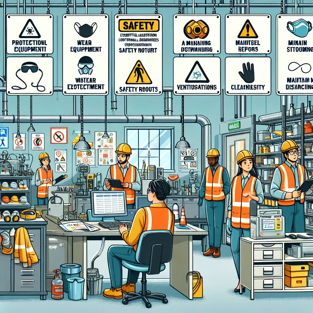 Image of a workspace with safety signs and equipment, highlighting the importance of controlling exposure routes for employees.