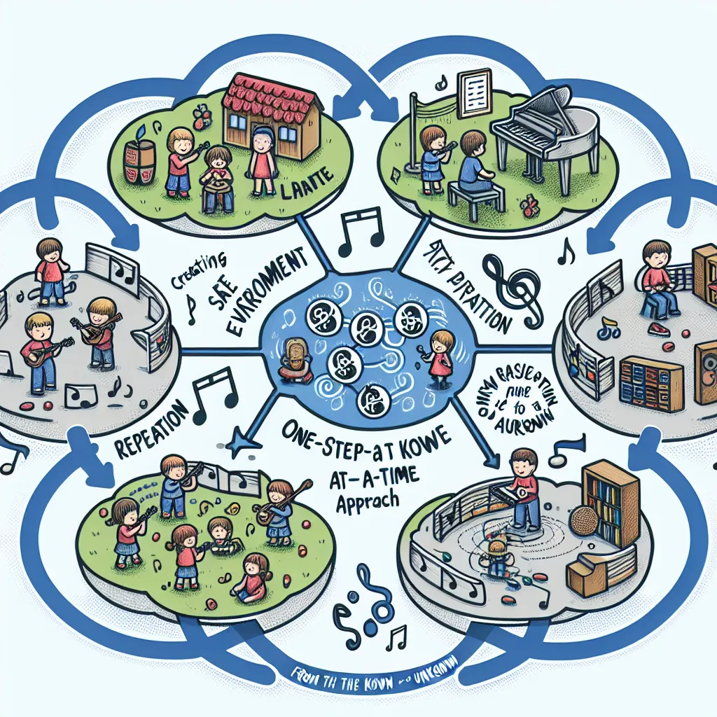 Illustration of a mind map focused on teaching music in Grade R, featuring six interconnected nodes labeled: "Creating a Safe Environment," "Play-Based Learning," "Active Participation," "One-Step-at-a-Time Approach," "Repetition," and "From the Known to the Unknown." Each node is visually represented by symbols such as musical notes, children playing instruments, and a secure classroom.
