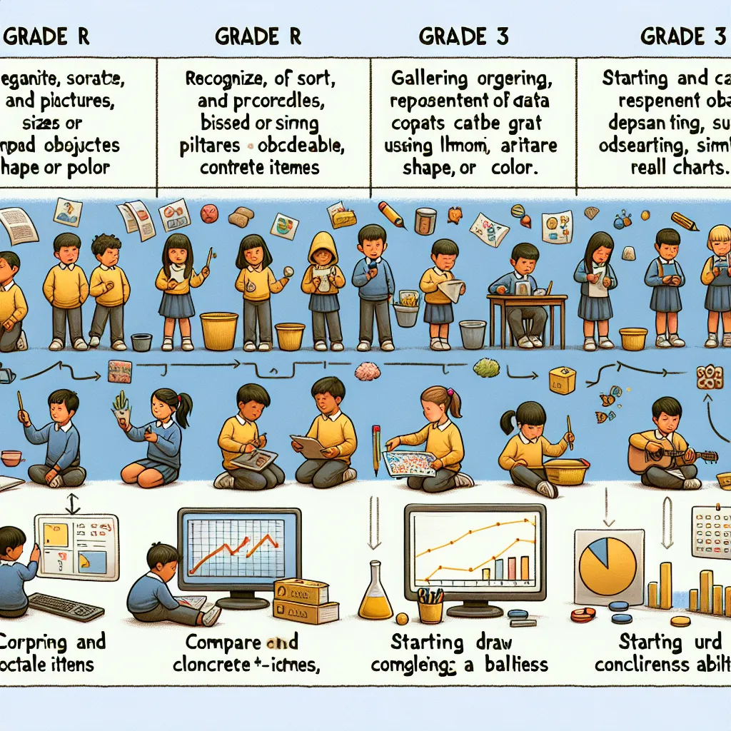 In the educational progression of learners from Grade R to Grade 3, the acquisition of data handling skills develops significantly, reflecting the broader curriculum goals and cognitive development stages. Grade R learners begin mastering basic data handling by recognizing, sorting, and grouping objects or pictures based on observable attributes like size, shape, or color. This period focuses chiefly on concrete items and learners are asked to compare and categorize these items in real-life cont