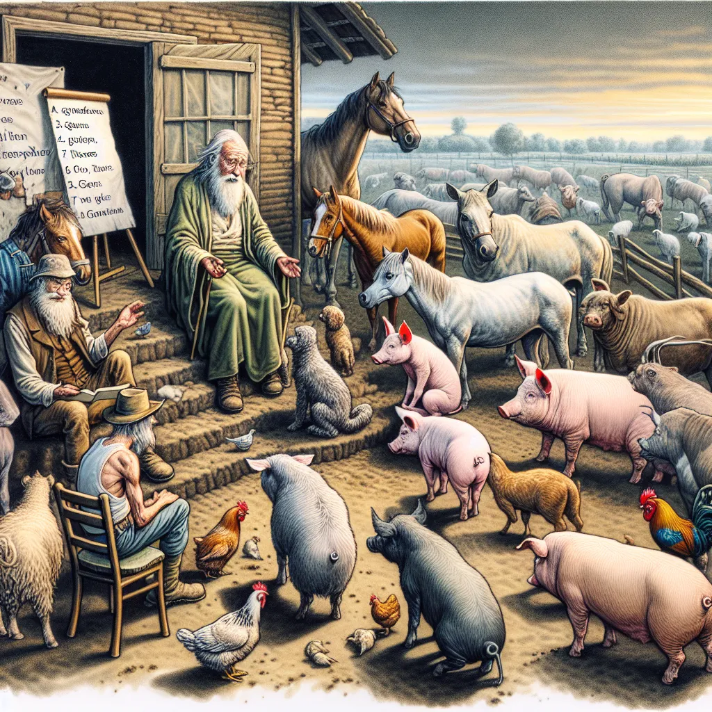 In Chapter 1 of "Animal Farm," we are introduced to Manor Farm and its inhabitants, primarily the animals who work tirelessly for their human owner, Mr. Jones. The animals convene to listen to Old Major, a wise boar, who shares his dream of a rebellion against human oppression. He emphasizes the need for unity among the animals and a future where they can live freely. This chapter sets the stage for themes of exploitation and the desire for equality.

In Chapter 2, the animals begin to organize 