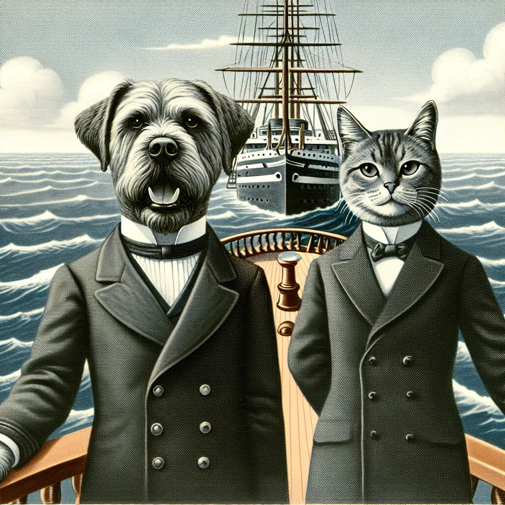 Illustration of Dudley Puppy and Kitty Katswell dressed in early 20th-century attire, standing at the bow of the Titanic, with the ocean in the background.