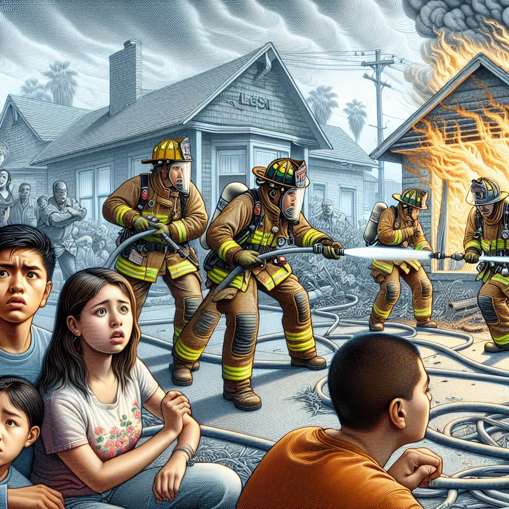 Illustration of a busy scene where Los Angeles firefighters are actively extinguishing a house fire while a teenage girl anxiously watches with her siblings. The firefighters, equipped with helmets and hoses, are coordinated and efficient in their response.