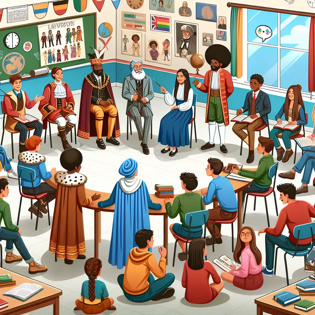 Illustration of diverse students engaging in role play in a classroom setting, with one group representing historical figures and another discussing social issues, highlighting collaboration and learning.