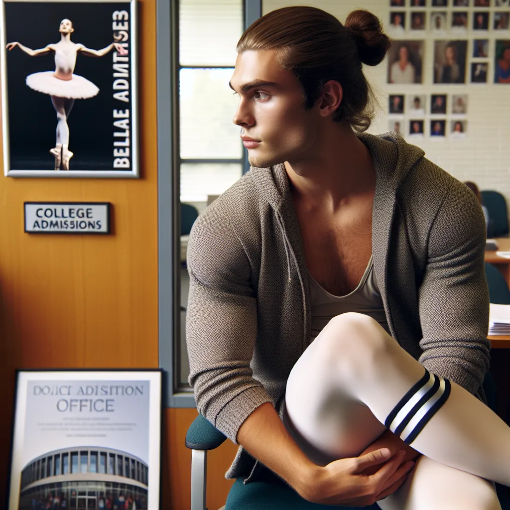 **Image Description:** A thoughtful young man with long hair tied in a bun, wearing a ballet leotard and tights, stands in front of a college admissions office. In the background, a poster of a ballet performance is displayed, symbolizing his unique pursuit.