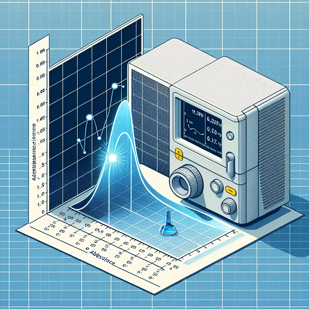 Image of a UV/vis spectrophotometer next to a graph displaying a standard curve with plotted data points, a highlighted point at absorbance 0.6701 indicating a concentration of 1.78 ppm.