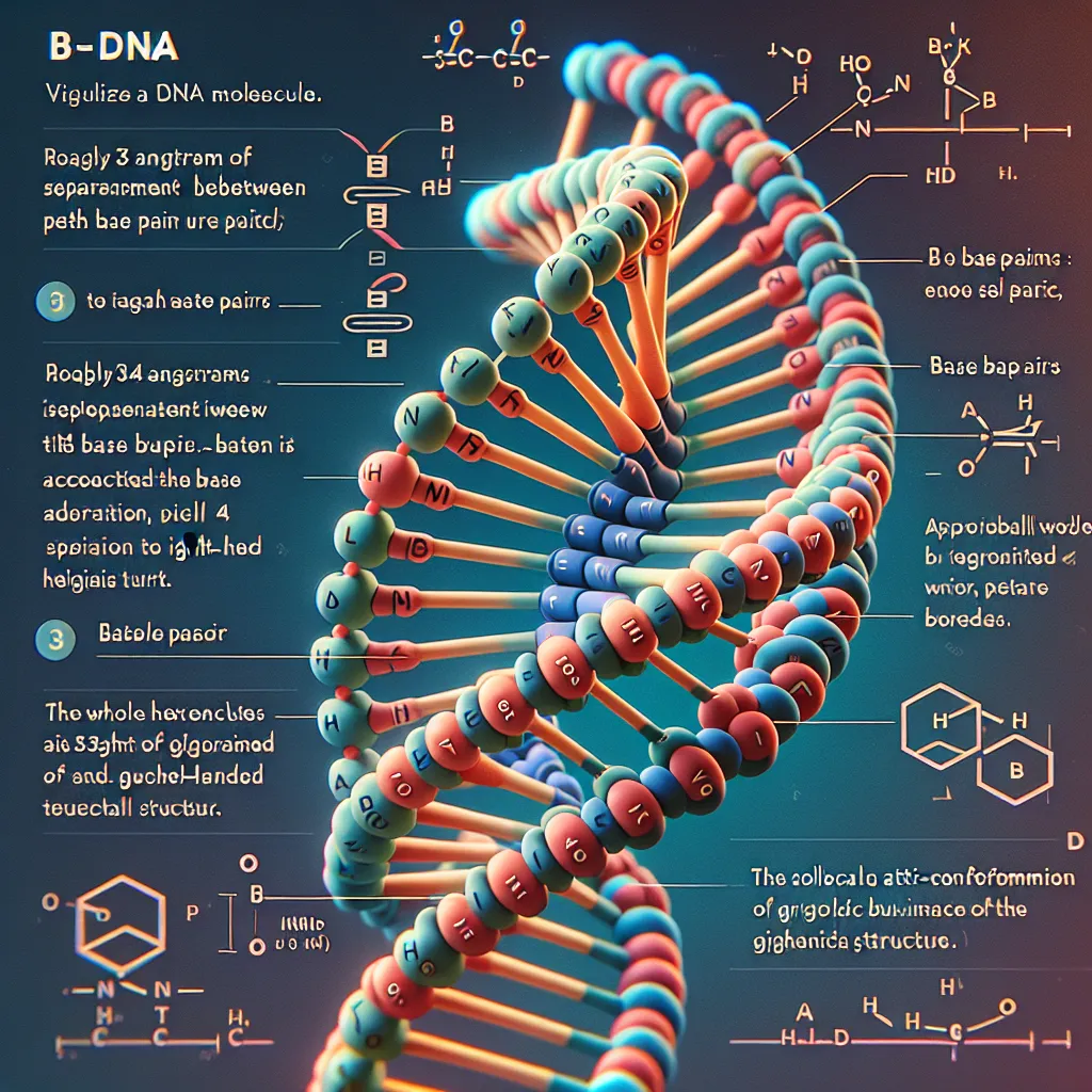 In B-DNA, the separation between bases is roughly 3.4 angstroms per base pair, and there are about 10.4 base pairs per helical turn. The rise and twist of the helix determine its pitch and direction, with B-DNA showing a right-handed twist. The entire helix makes a complete turn every 35.4 angstroms, fitting in 10.5 base pairs per turn. Base pairs are slightly tilted at an angle of about 1 degree relative to the helix's axis. The anti-conformation of glycosidic bonds helps maintain B-DNA’s right