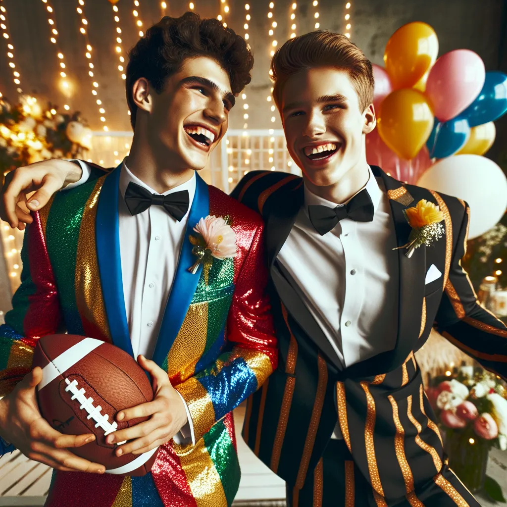 Image of a football player in a bright, colorful dress and high heels, sharing a joyful moment with his best friend in a stylish tuxedo at a prom decorated with balloons and fairy lights. They both have big smiles, showcasing their friendship and fun spirit.