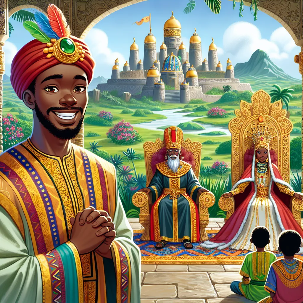 Illustration of Mamad, a humble man with a warm smile, standing before a regal king and queen in a vibrant African kingdom, surrounded by lush landscapes, conveying themes of honesty and moral lessons.