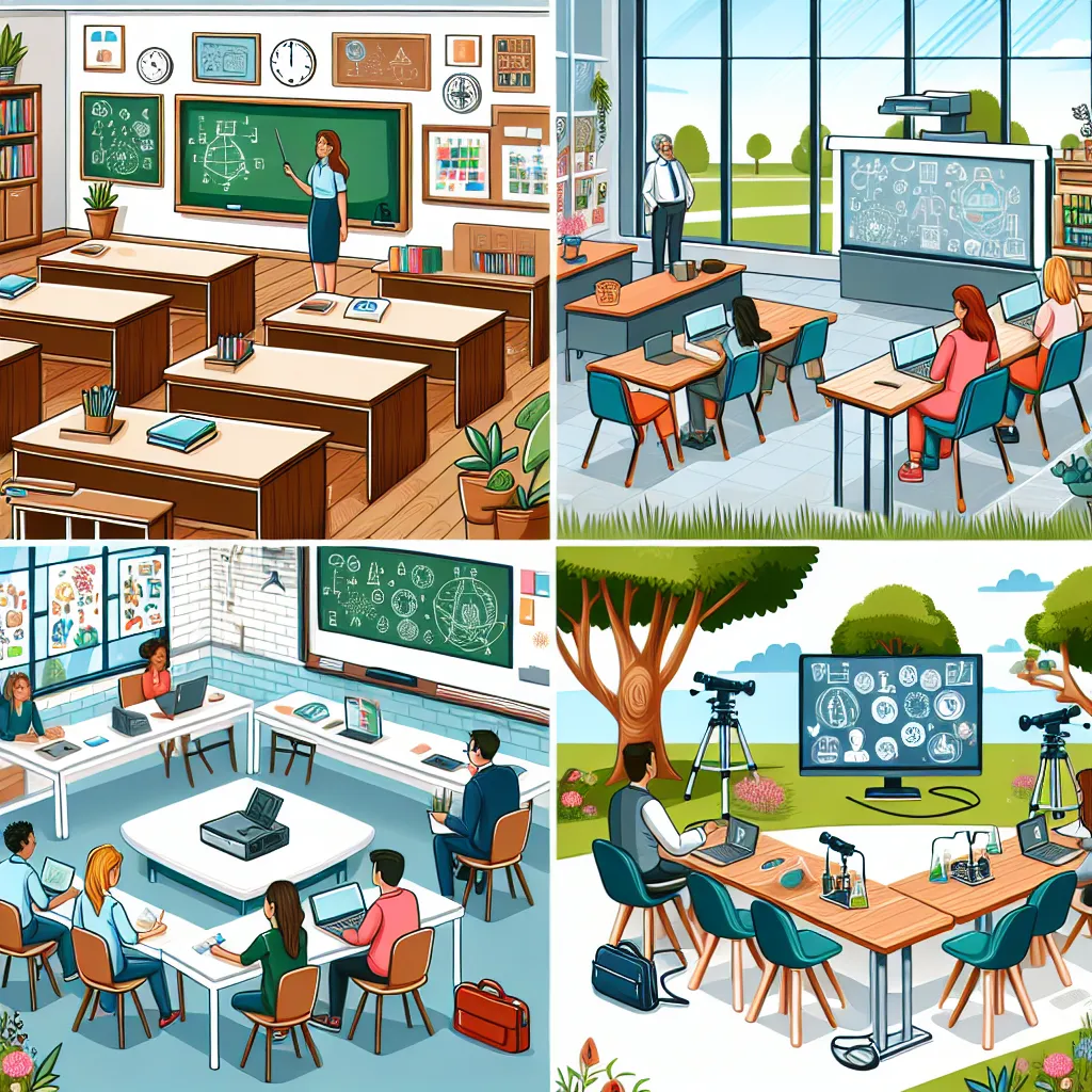 Illustration of six distinct classroom settings: a traditional classroom, a corporate training room, an outdoor workshop, a virtual classroom on a computer screen, a community center training space, and a lab setting for hands-on learning.