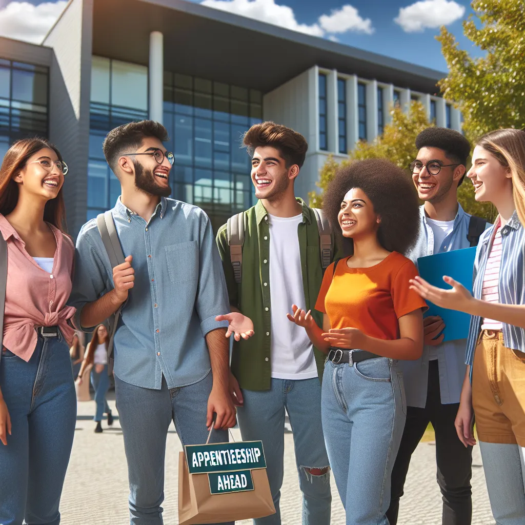 Illustration of a diverse group of young adults discussing their career choices outside a college campus, with one holding a sign that says "Apprenticeship Ahead."