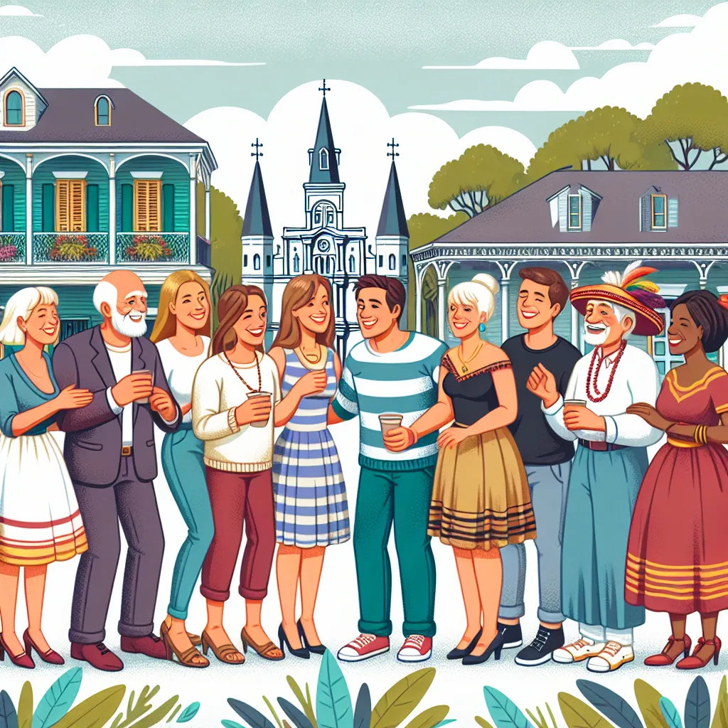 Illustration of a gathering of French people and Cajun speakers, smiling and engaging in conversation, showcasing cultural exchange with a backdrop of Louisiana scenery.