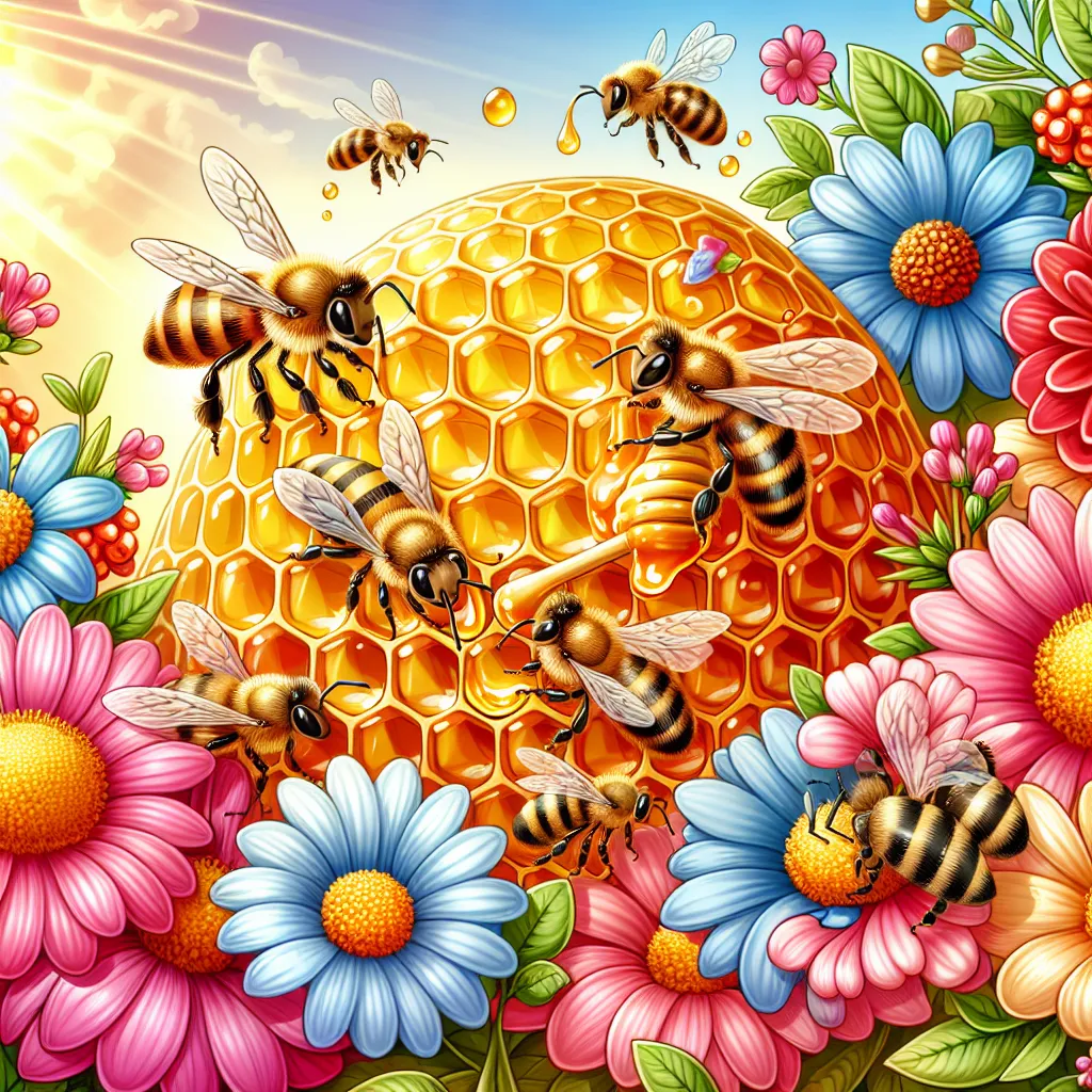 Illustration of busy bees surrounded by vibrant flowers, with a honeycomb glistening in the sunlight, inviting curiosity about the sweet journey of honey creation.