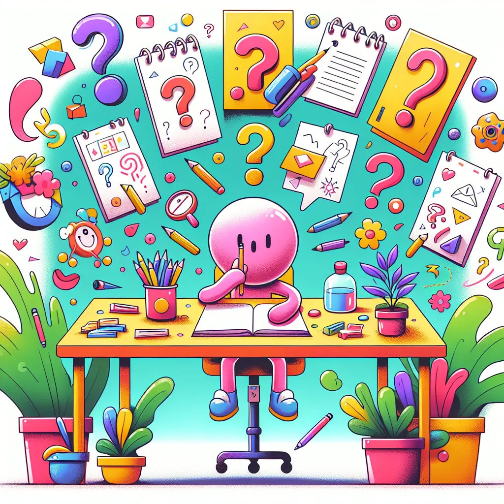 Illustration of a whimsical character sitting at a desk, surrounded by colorful question marks and notepads, brainstorming creative questions.