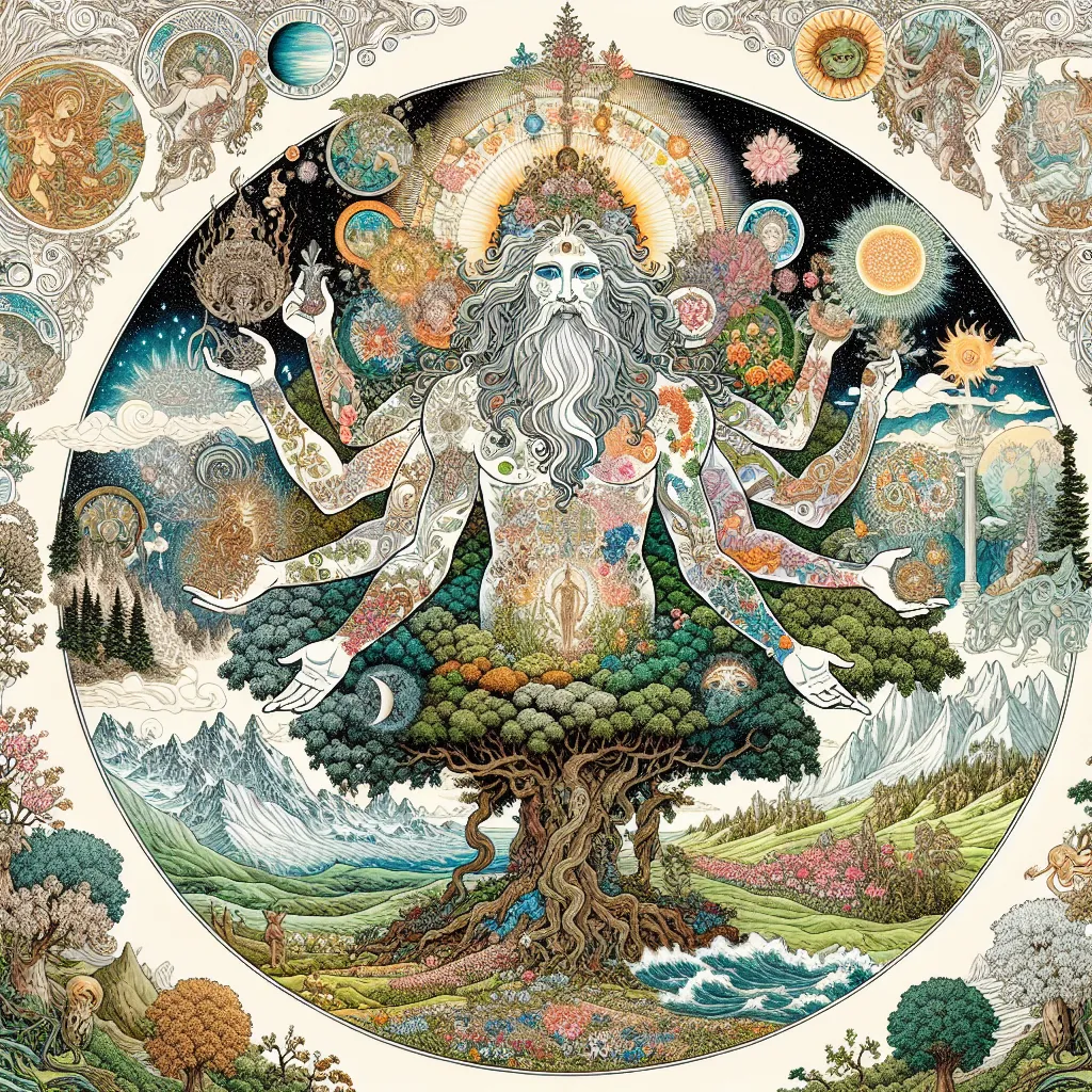 Illustration of a mythical figure symbolizing a blend of various cultural deities, surrounded by elements representing nature and renewal.