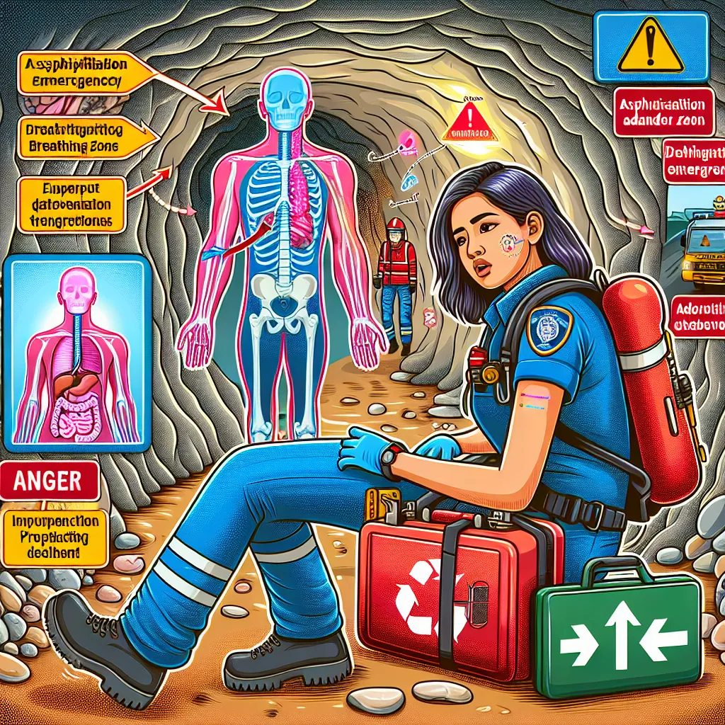 Illustration of a first responder assessing a situation in a confined space, with highlighted areas showing actions to avoid during an asphyxiation emergency.