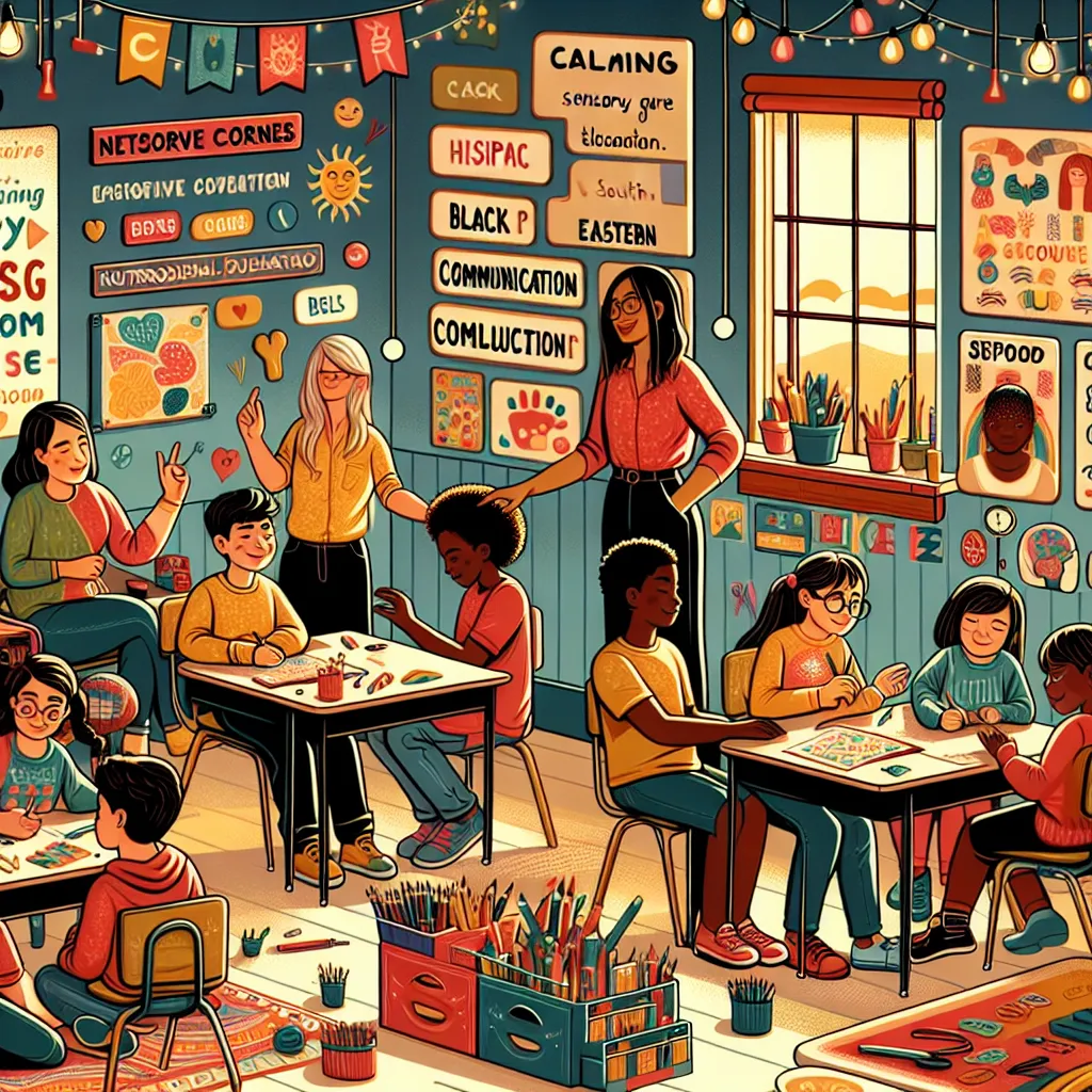 Illustration of a diverse classroom scene with a teacher engaging with neurodiverse students, highlighting supportive communication, emotional safety, and emotional regulation activities.