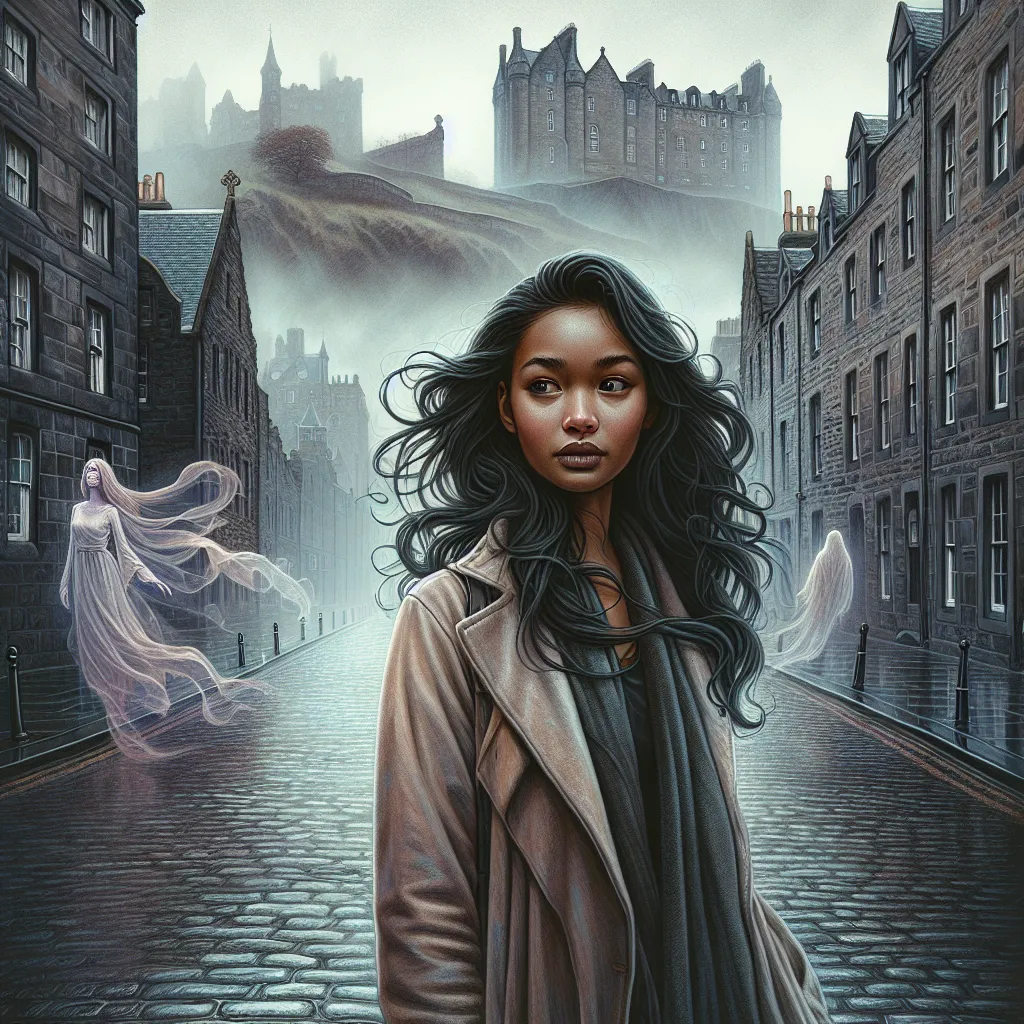 Portrait of a 25-year-old woman standing in a misty Edinburgh street, with ancient castle ruins in the background, ethereal wisps of ghostly figures swirling around her, hinting at her connection to the city's haunted history. 